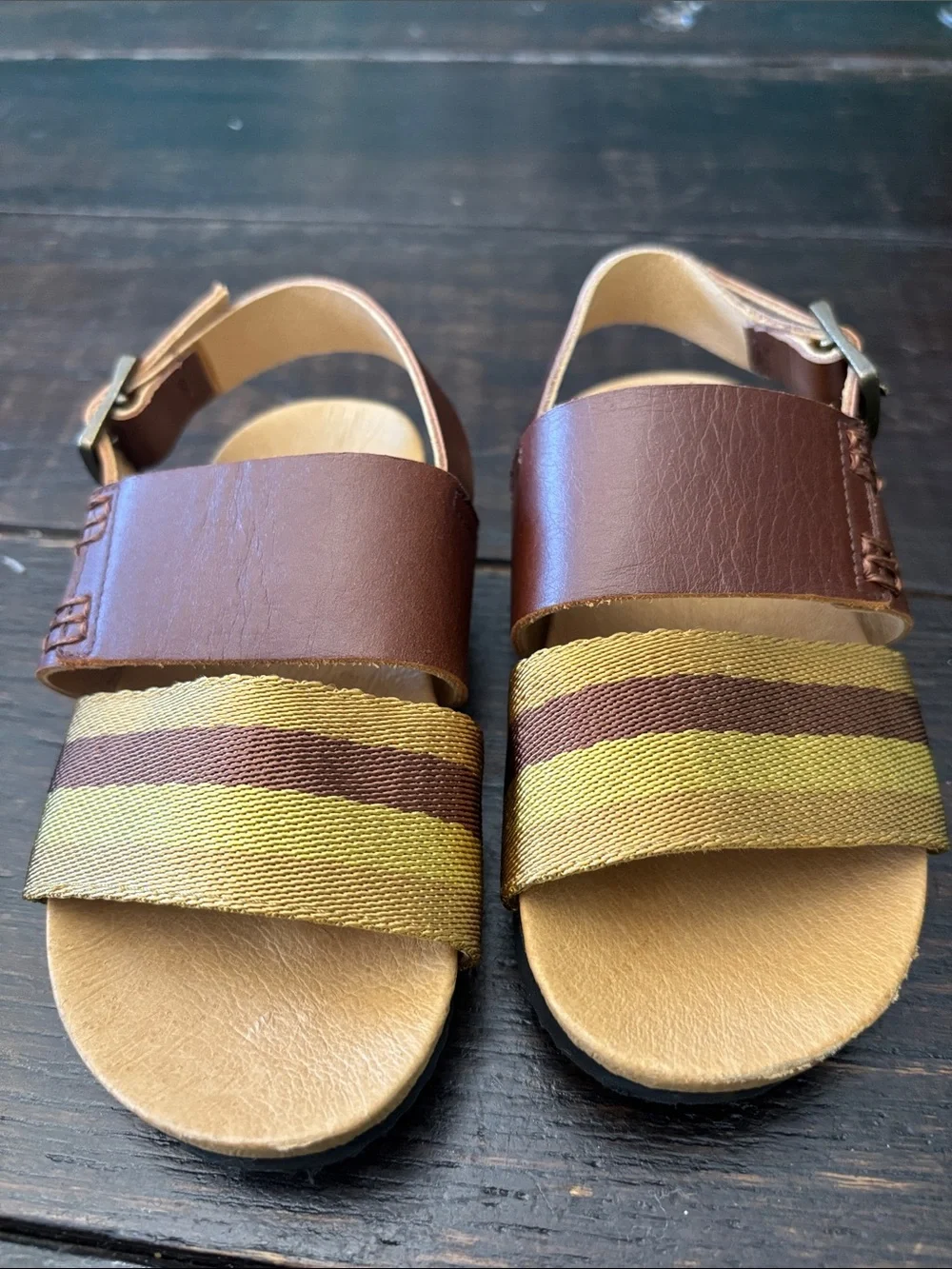 Bonpoint Brown Leather Sandals with Yellow Striped Band